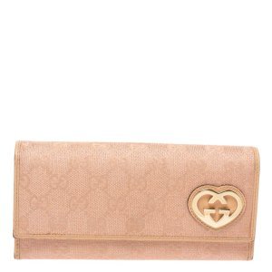 Gucci Beige/Pink Shimmer GG Canvas Lovely Heart Continental Wallet