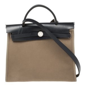 Hermes - Hermès bleu indigo/khaki canvas and leather herbag zip 31 bag