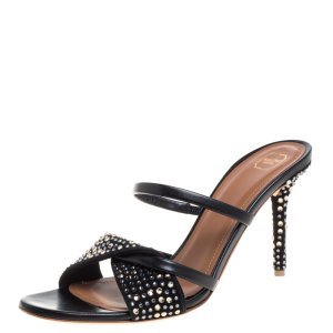 Malone Souliers Black Leather and Suede Tasham Crystal Embellished Slide Sandals Size 38