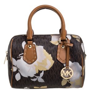 MICHAEL Michael Kors Brown Signature Floral Coated Canvas and Leather Small Aria Satchel