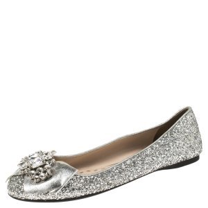 Miu Miu Silver Glitters and Leather Ballet Flats Size 37.5