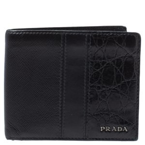 Prada Black Saffiano Leather and Crocodile Bifold Wallet