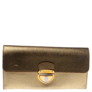 Prada Metallic Gold Saffiano Leather Continental Wallet