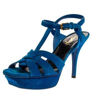 Saint Laurent Aegean Blue Suede Tribute Platform Ankle Strap Sandals Size 38