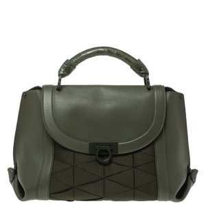 Salvatore Ferragamo Military Green Fabric and Leather Sofia Top Handle Bag