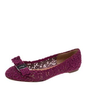 Salvatore Ferragamo Purple Floral Crochet Lace Estelle Bow Ballet Flat Size 37