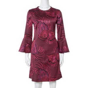 Stella McCartney Burgundy Floral Jacquard Wool Long Sleeve Dress M