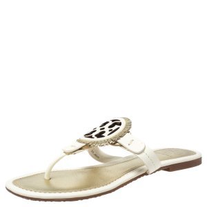 Tory Burch White/Gold Leather Flat Thong Sandals Size 35.5