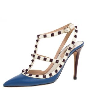 Valentino Blue/White Leather Rockstud Ankle Strap Sandals Size 38