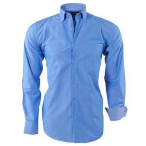 Ambassador ongetailleerd heren overhemd motief in de kraag borstzak - blauw