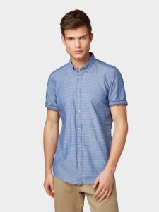 TOM TAILOR Overhemd met korte mouwen en motief, Heren, blue chambray x stripe dobby, M