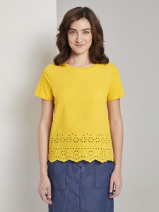 TOM TAILOR T-shirt in materiaalmix met geperforeerd borduurwerk, deep golden yellow, XL