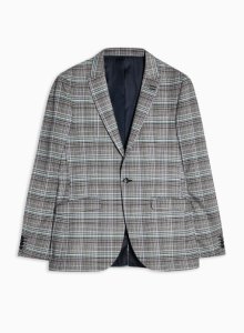Grey and Purple Check Skinny Fit Single Breasted Blazer with Peak Lapels