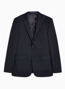 Premium Navy Check Single Breasted Skinny Fit Blazer With Notch Lapels