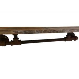 Wooden shelf with genuine rusty water pipes at the bottom