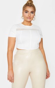 PLT Plus - Crop top blanc à partie mesh et détail coutures, Blanc