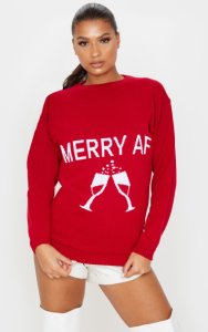 Pull de Noël rouge à slogan Merry AF, Rouge