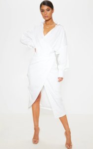 Prettylittlething - Robe blanche mi-longue style chemise, blanc
