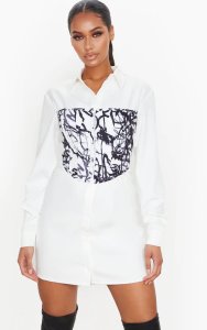Robe chemise blanche à corset imprimé graffiti à agrafes, Blanc