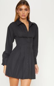 Prettylittlething - Robe chemise noire plissée resserrée à la taille, noir