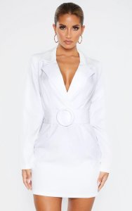 Robe style blazer blanche à détail ceinture, Blanc