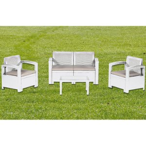 Bauer - Salotto set divano con poltrone e tavolino in resina antiurto per arredo giardino colore bianco